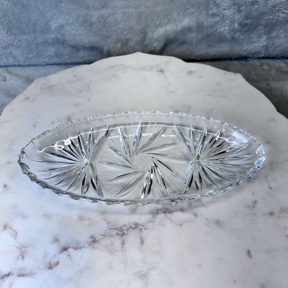 Vintage Clear Pressed Glass Starburst Pinwheel Oval Relish Dish Serving Tray MCM